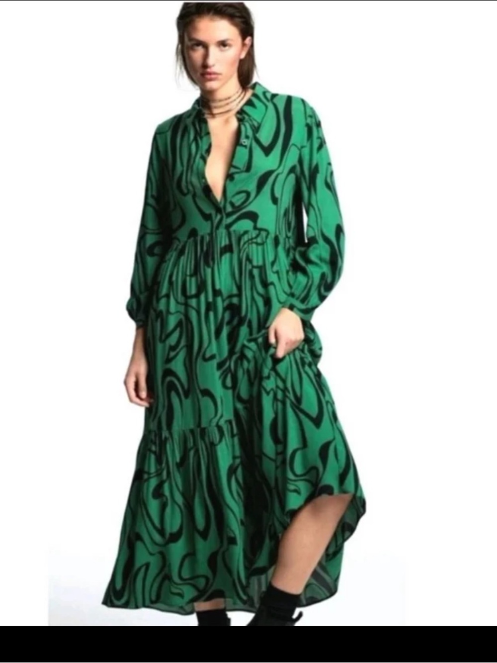 Zara Tiered Geometric Green Black Midi Shirtdress. Size Small.